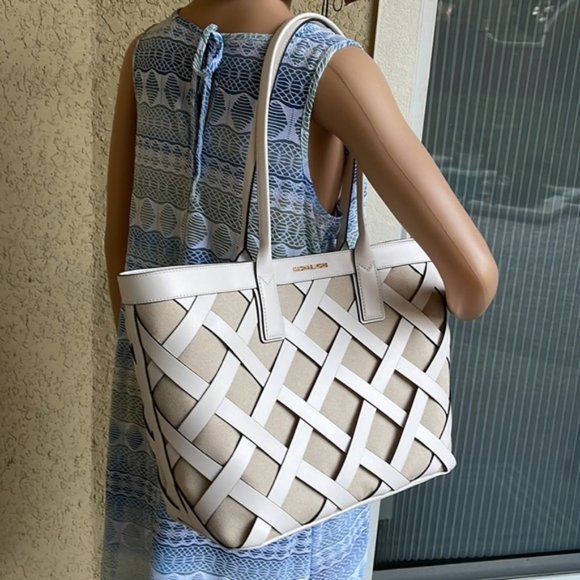Michael Kors Sienna Large Tote Shoulder Bag Optic White Multi Leather Canvas - Picture 12 of 16